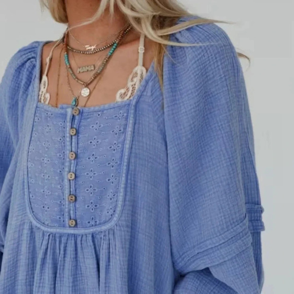 New! Easel Mineral Washed Cotton Gauze Babydoll Dress Long Sleeve Lilac … - Picture 3 of 6